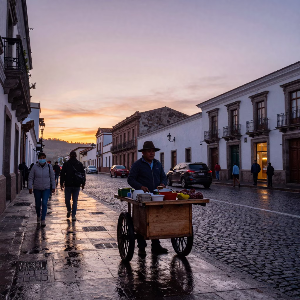 Quito Ecuador Dawn Street Scene with Local Vendor and Morning Light in in Quito, Ecuador