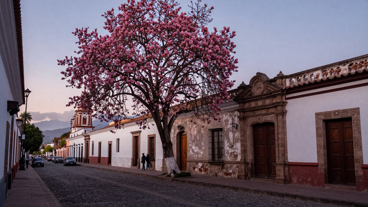 Quito Ecuador Dawn Street Scene with Magnolia Tree and Colonial Architecture in in Quito, Ecuador