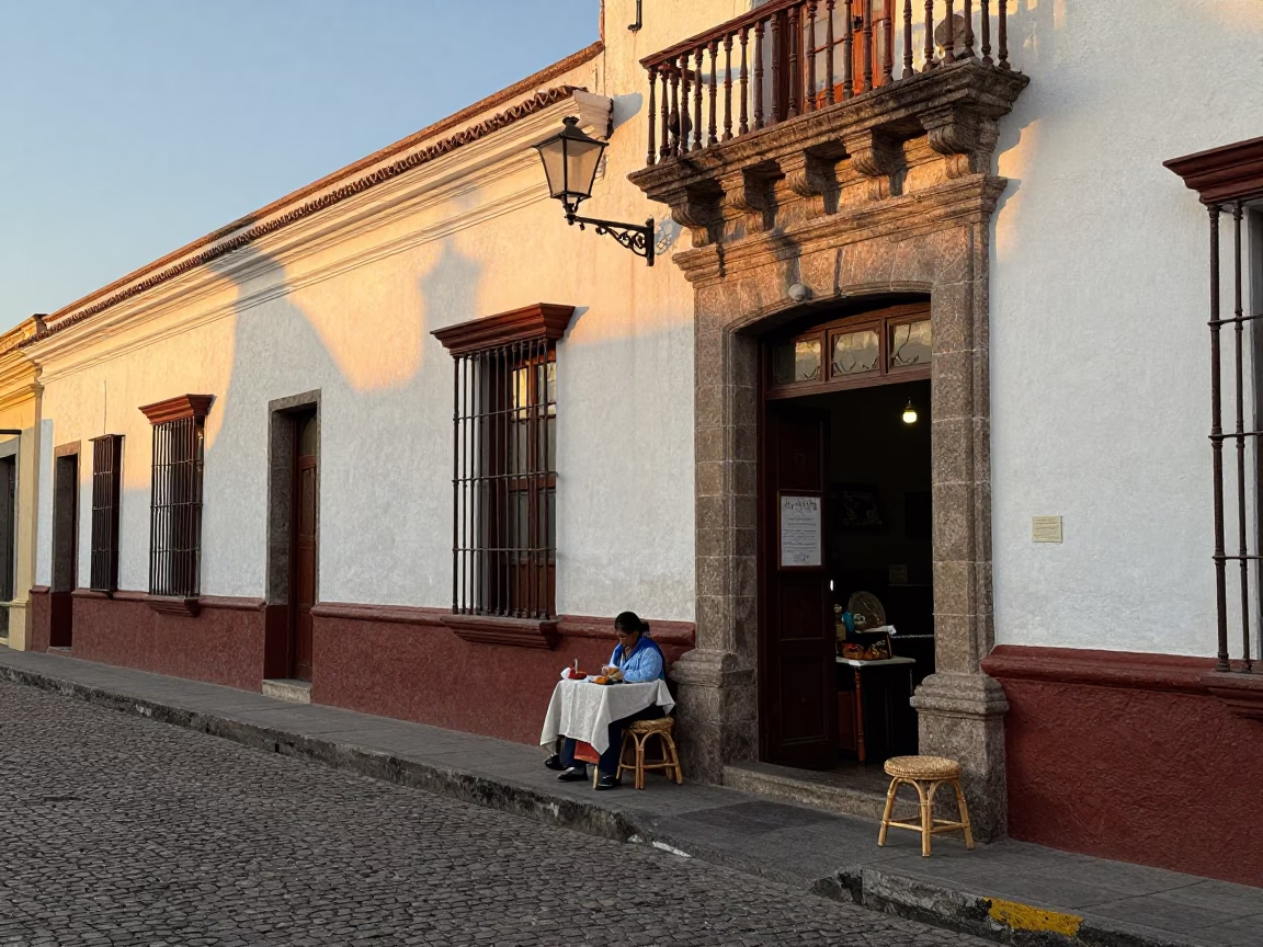 Quito Ecuador Dawn Street Scene with Rattan Stool and Linen Curtains in in Quito, Ecuador