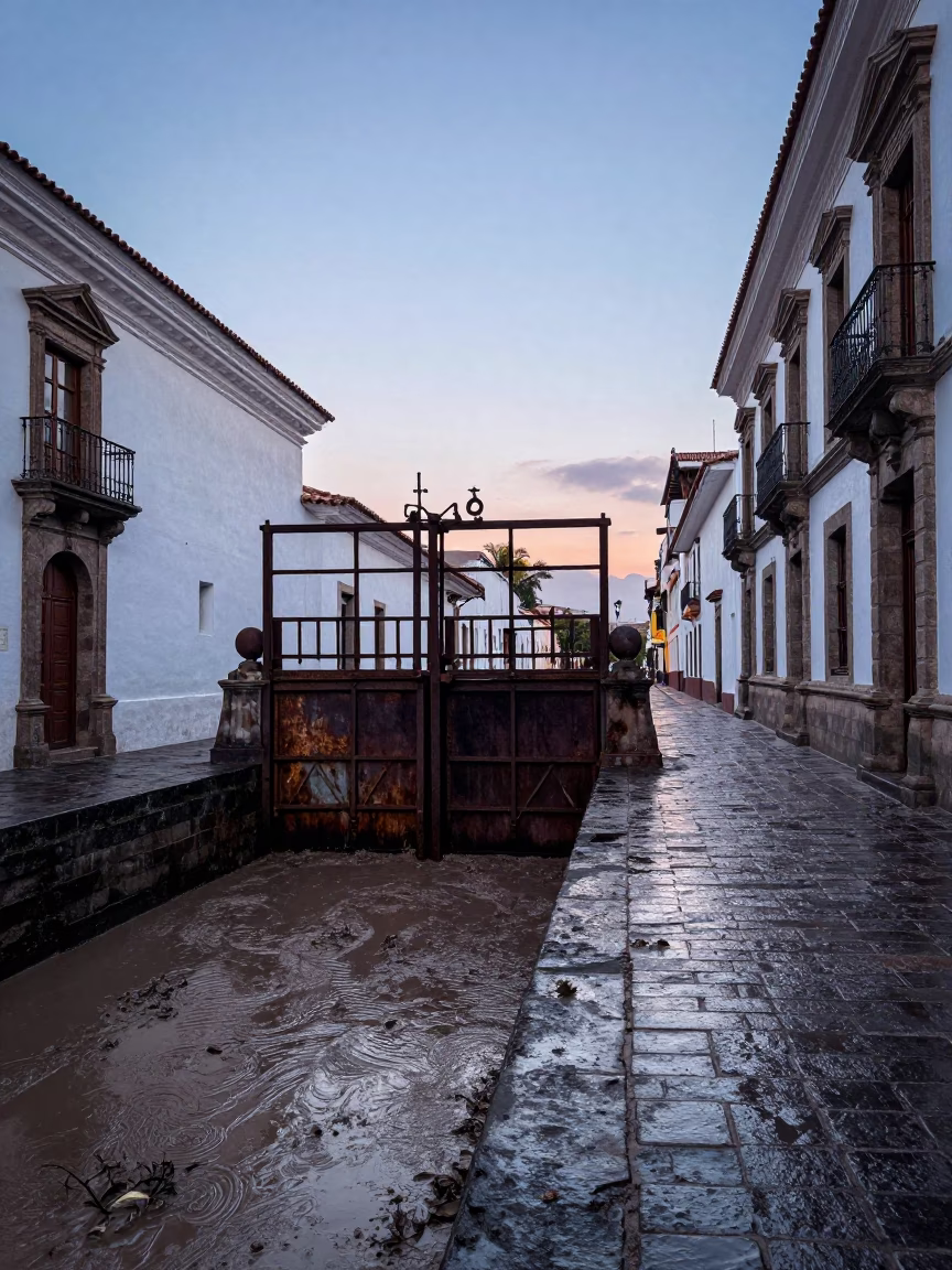 Quito Ecuador Dawn Street Scene with Sluice Gate and Muddy Canal Edge in in Quito, Ecuador