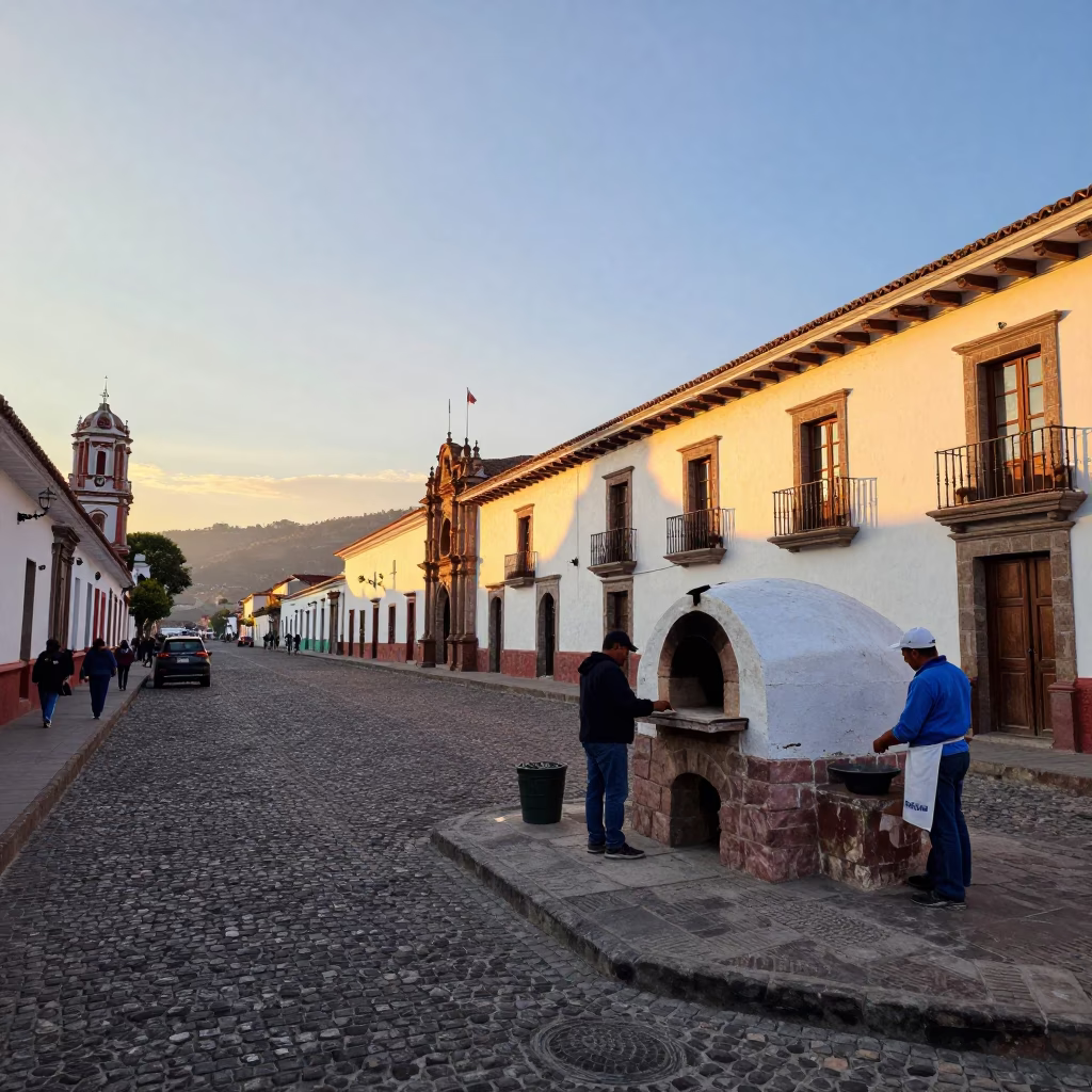 Quito Ecuador Dawn Street Scene with Traditional Bread Oven and Morning Activity in in Quito, Ecuador
