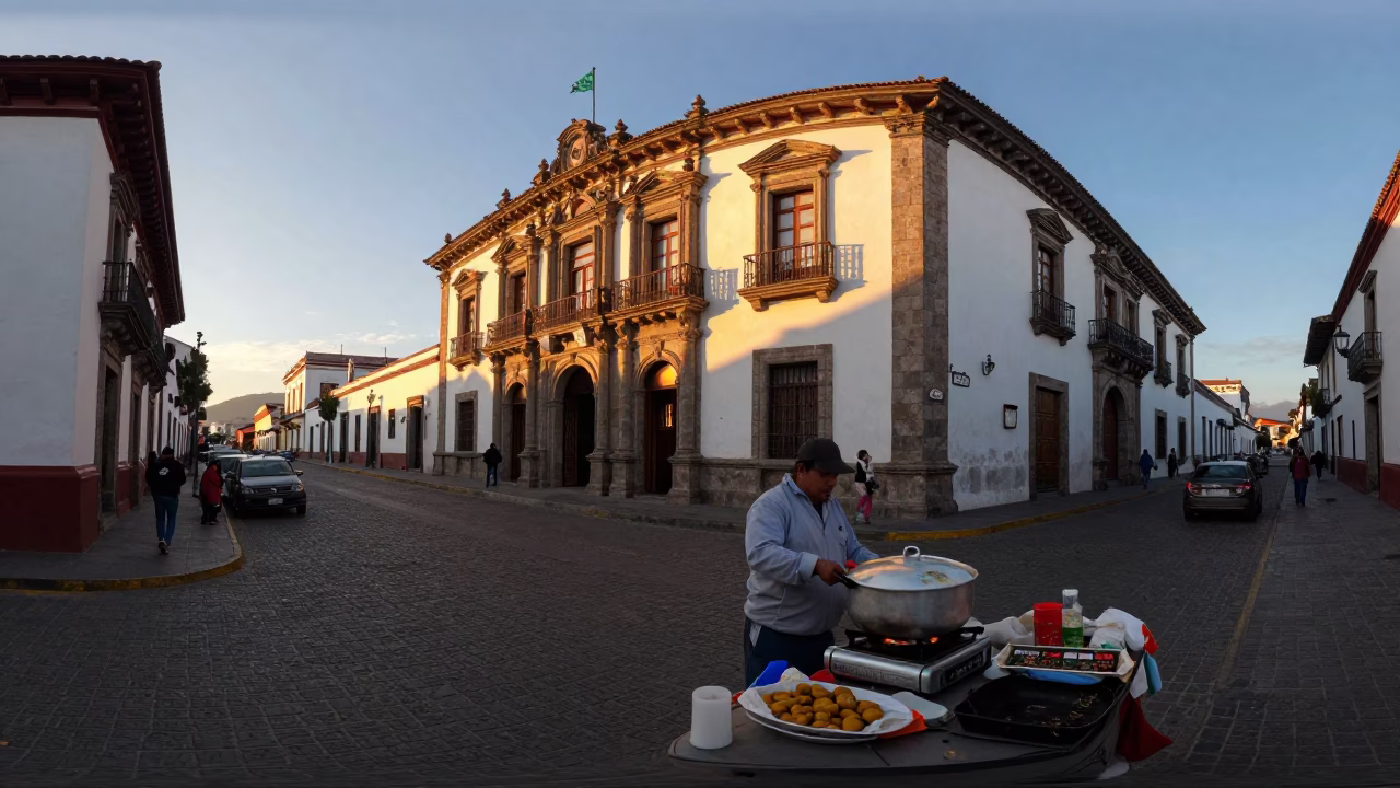 Quito Ecuador Dawn Street Scene with Vendor and Traditional Elements in in Quito, Ecuador