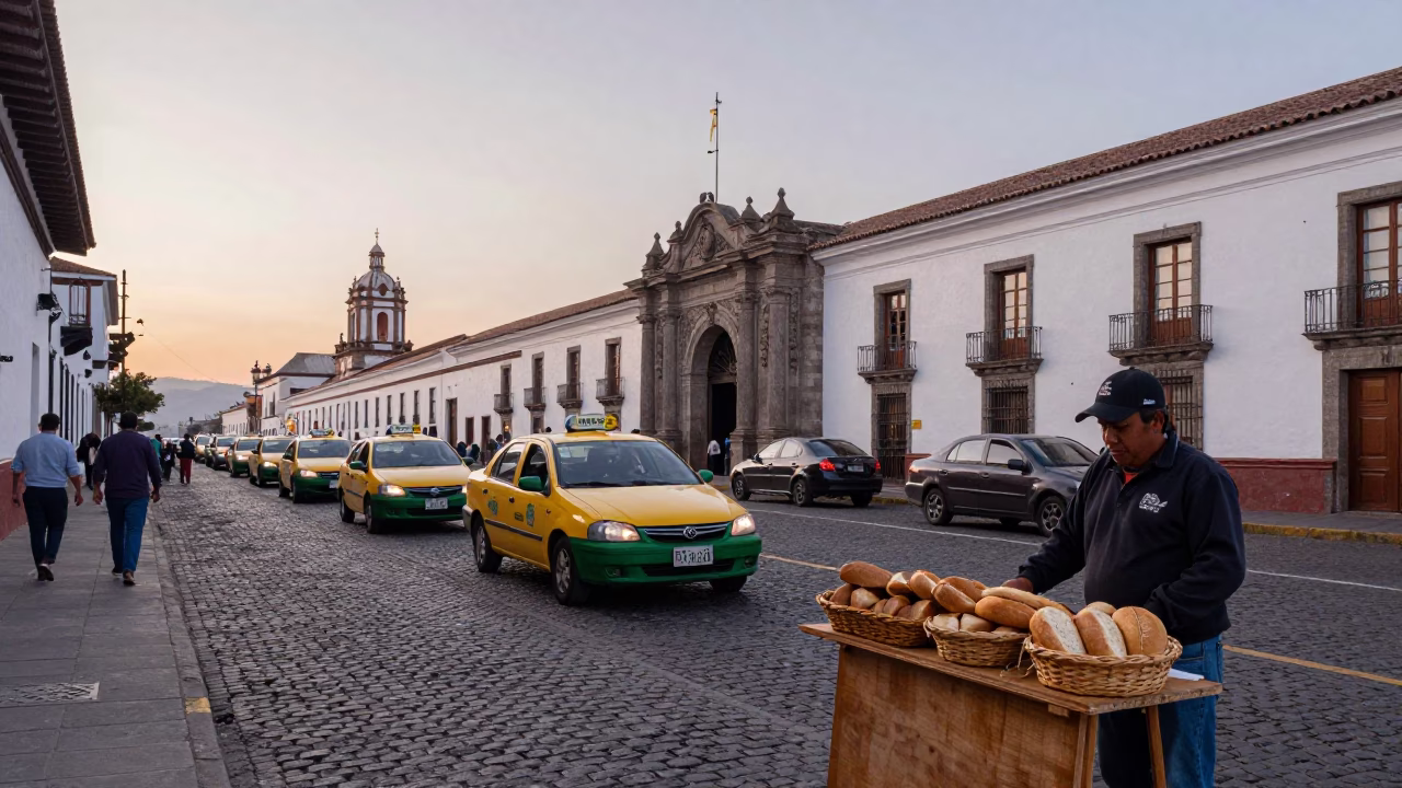 Quito Ecuador Dawn Street Scene with Woven Bread Basket and Taxi Rank in in Quito, Ecuador