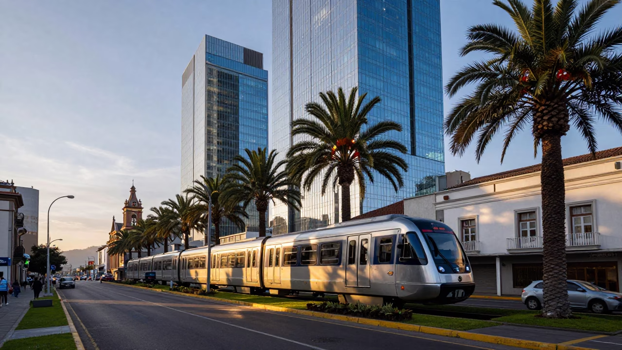 Quito Ecuador Early Evening Monorail Passing Palm Trees and Glass Towers in in Quito, Ecuador