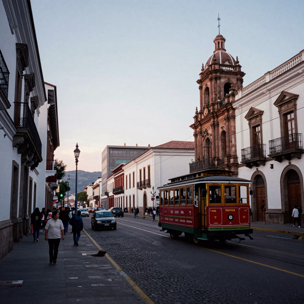 Quito Ecuador Early Evening Street Scene with Cable Car Descent and Local Market Activity in in Quito, Ecuador