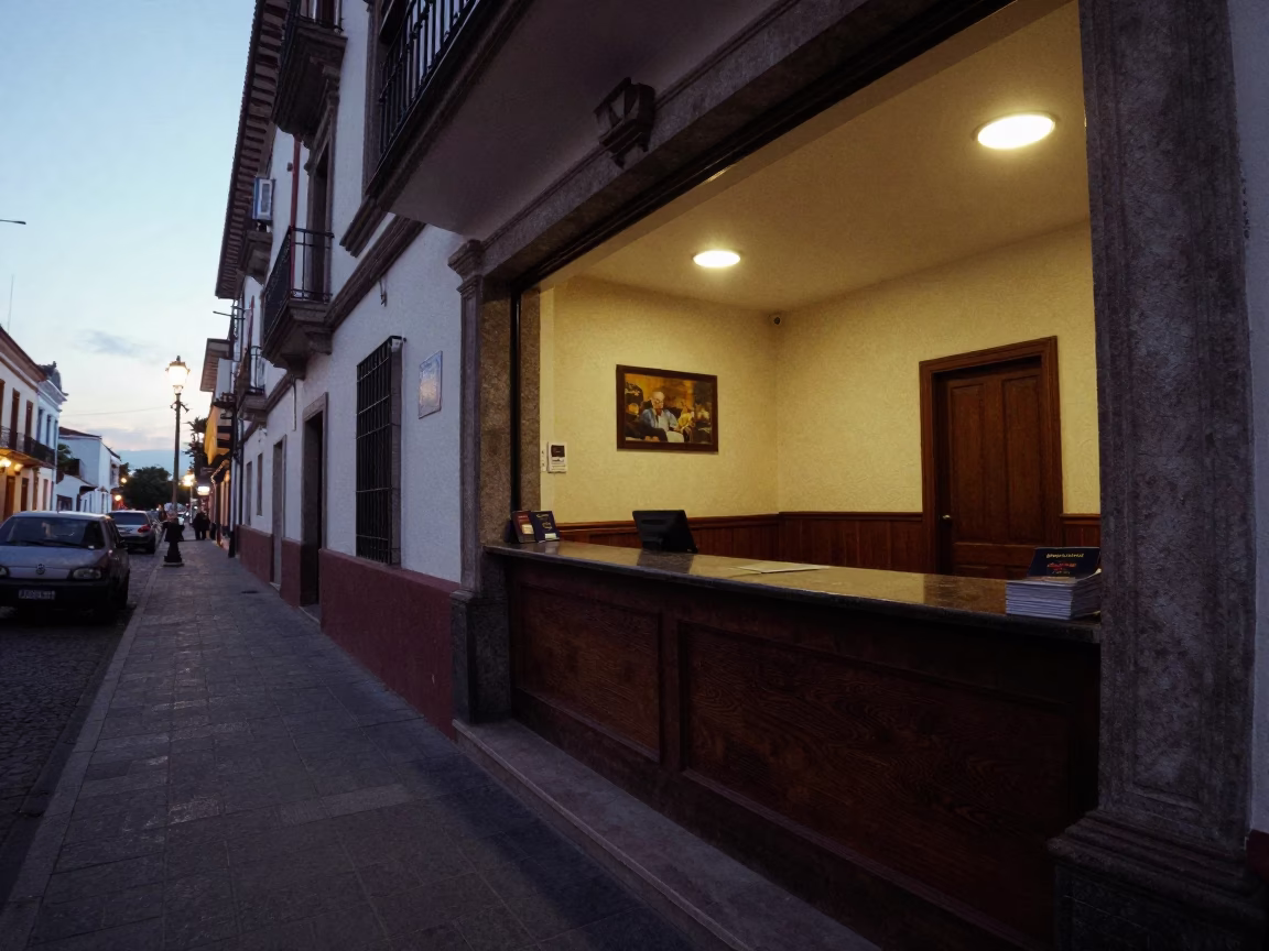 Quito Ecuador Early Evening Street Scene with Hotel Reception and Local Activity in in Quito, Ecuador