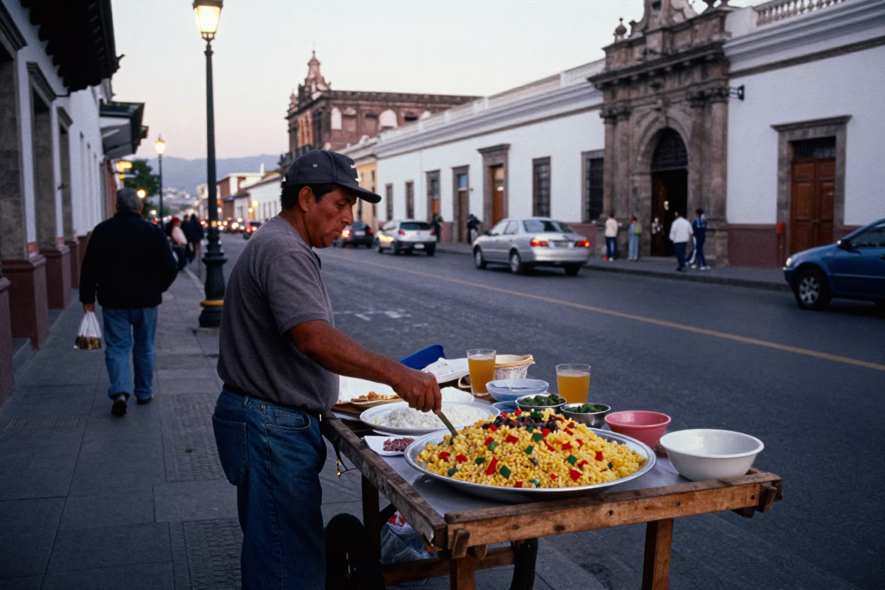 Quito Ecuador Early Evening Street Scene with Local Vendors and Traditional Food in in Quito, Ecuador