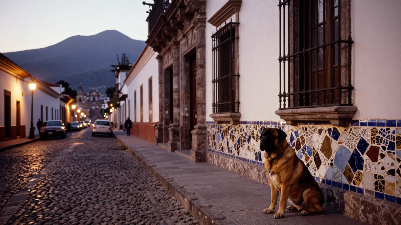 Quito Ecuador Early Evening Street Scene with Mosaic Tile Fragments and Neapolitan Mastiff in in Quito, Ecuador