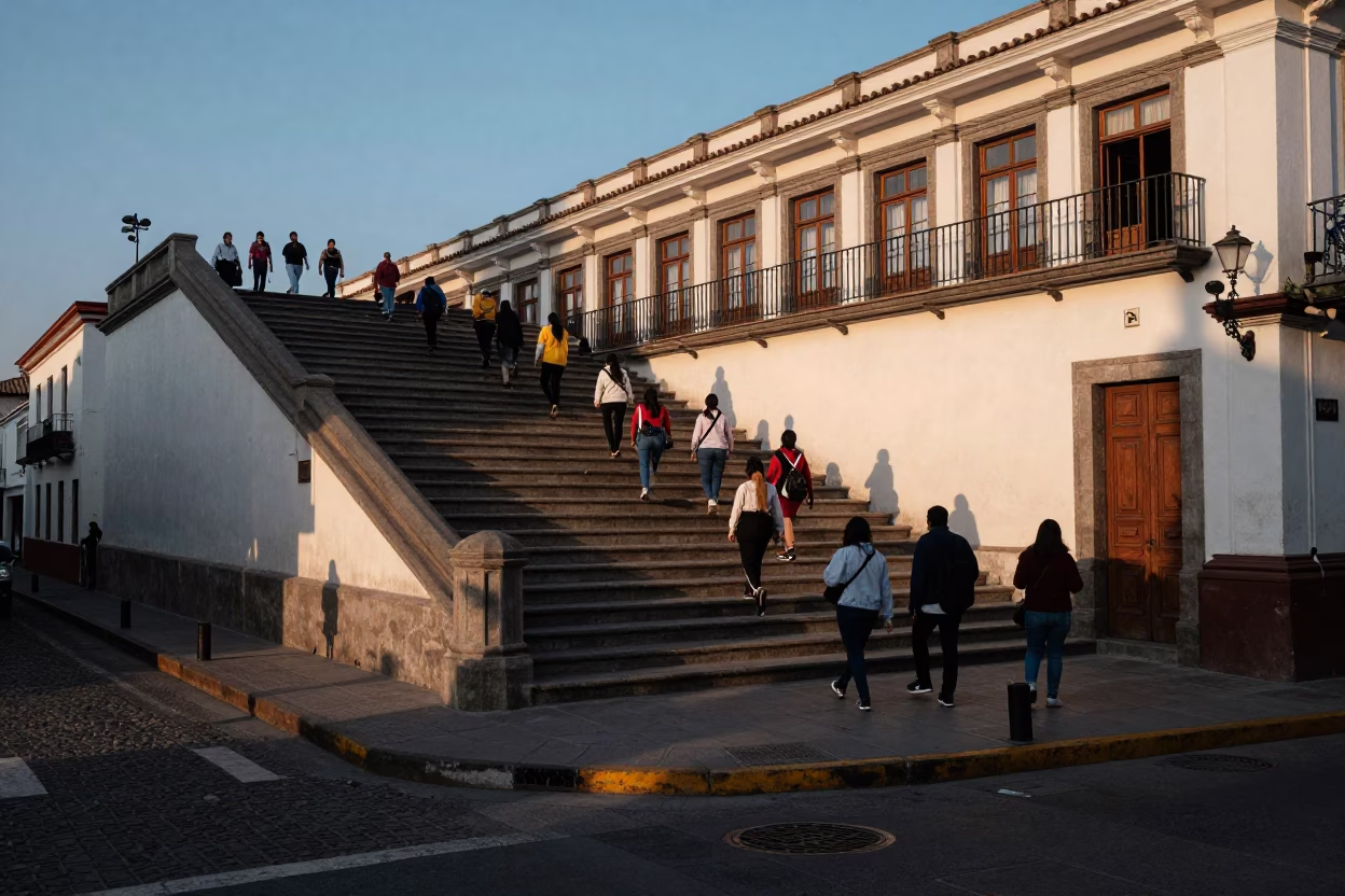 Quito Ecuador Early Evening Street Scene with School Staircase and Construction Site Details in in Quito, Ecuador