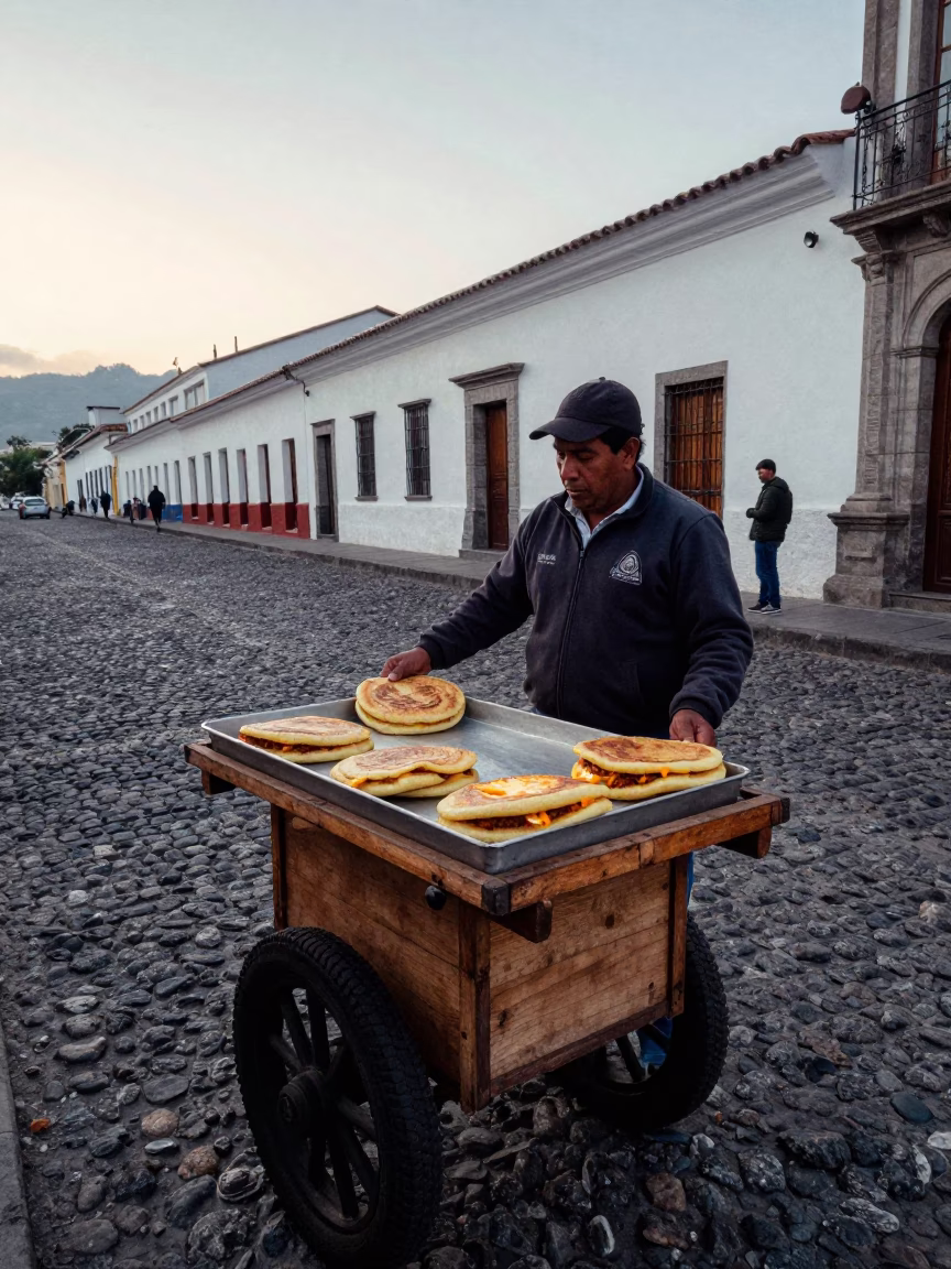Quito Ecuador Early Morning Street Scene With Arepas And Local Interaction in in Quito, Ecuador