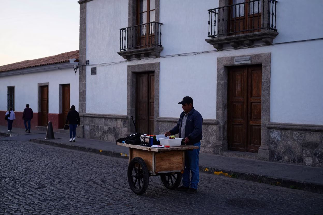 Quito Ecuador Early Morning Street Scene with Local Vendor and Newspaper Stack in in Quito, Ecuador