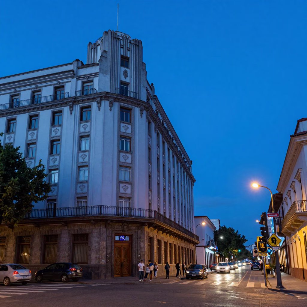 Quito Ecuador Evening Blue Hour Street Scene with Art Deco Facade and Local Life in in Quito, Ecuador