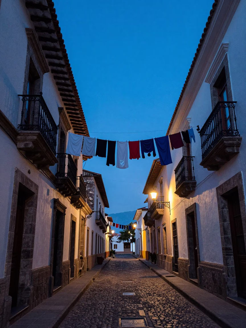 Quito Ecuador Evening Blue Hour Street Scene with Laundry and Colonial Architecture in in Quito, Ecuador
