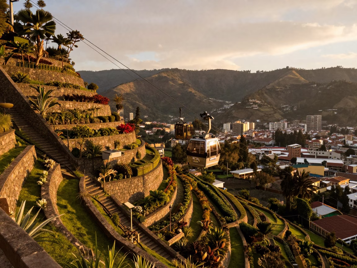 Quito Ecuador Evening Light Funicular Railway Steep Terraced Gardens Horizon Shot in in Quito, Ecuador