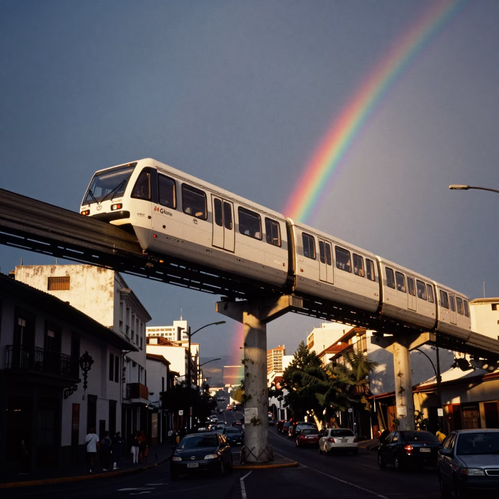 Quito Ecuador Evening Light Monorail Over Cityscape Rainbow Eucalyptus Bark in in Quito, Ecuador