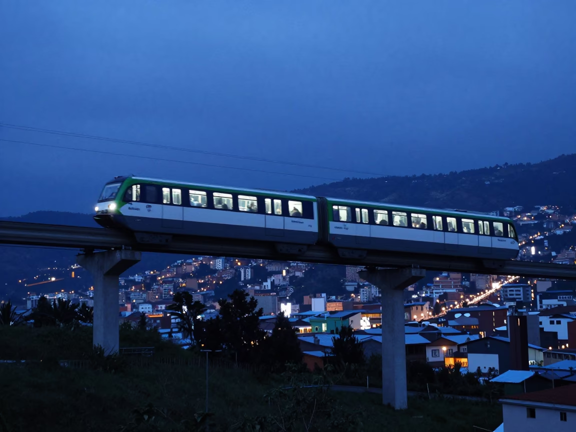 Quito Ecuador evening monorail crossing Andean mountains at blue hour in in Quito, Ecuador