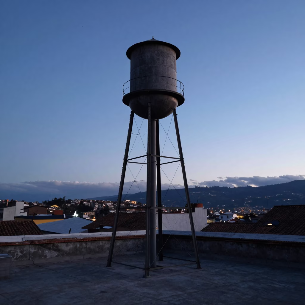 Quito Ecuador Evening Rooftop Water Tower Against Dusk Sky and City Lights in in Quito, Ecuador