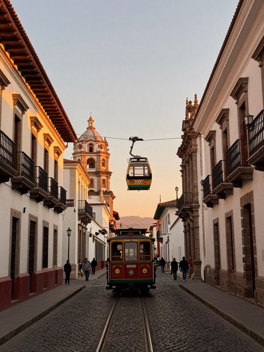 Quito Ecuador Evening Street Scene with Cable Car and Colonial Architecture in in Quito, Ecuador