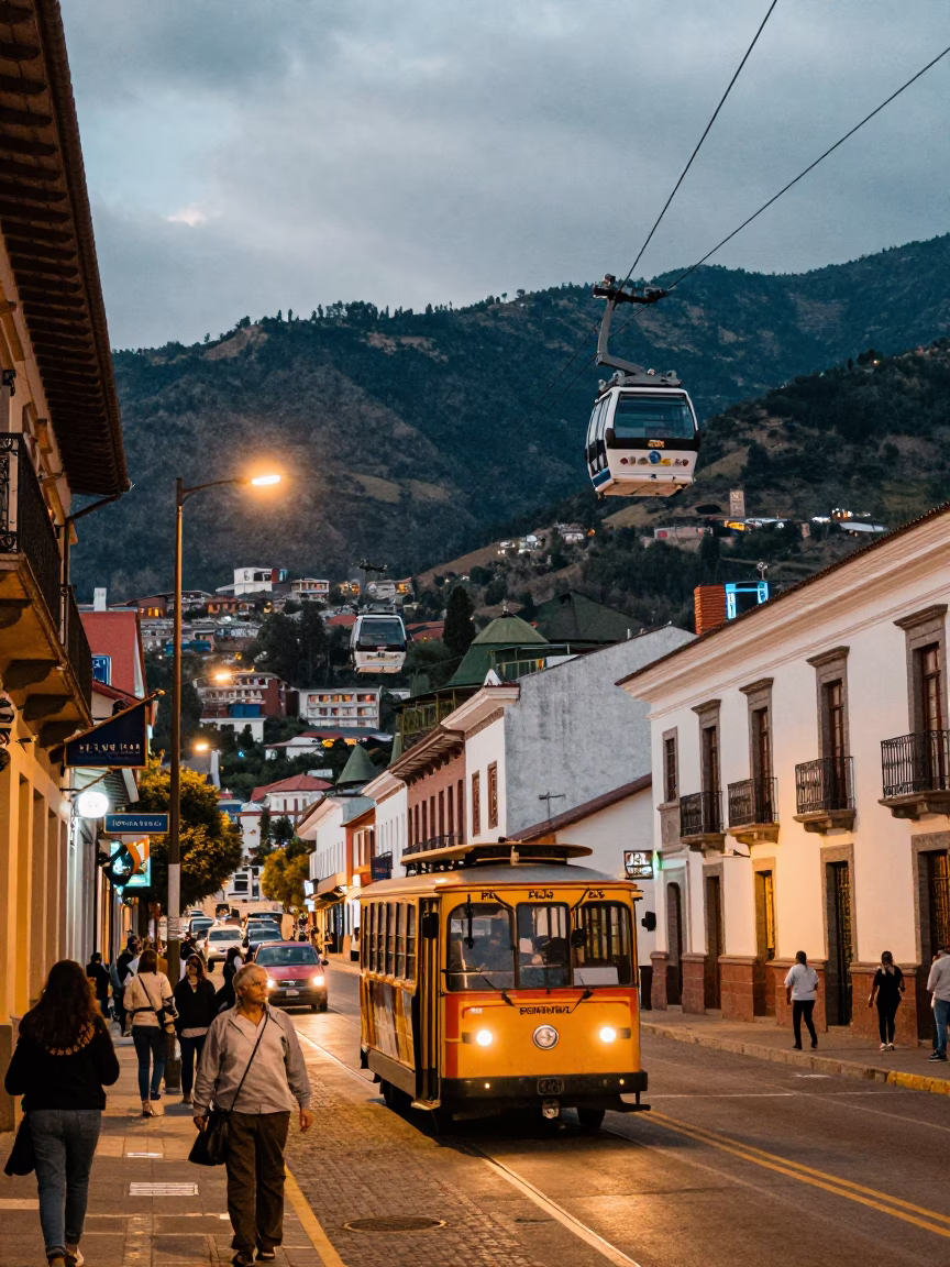 Quito Ecuador Evening Street Scene with Cable Car and Local Traffic in in Quito, Ecuador
