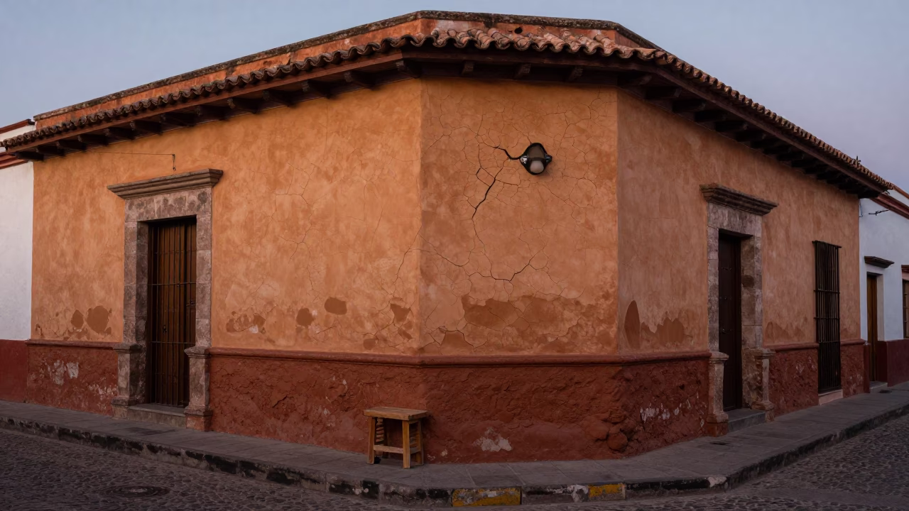 Quito Ecuador Evening Street Scene with Cracked Stucco and Clay Teapot in in Quito, Ecuador