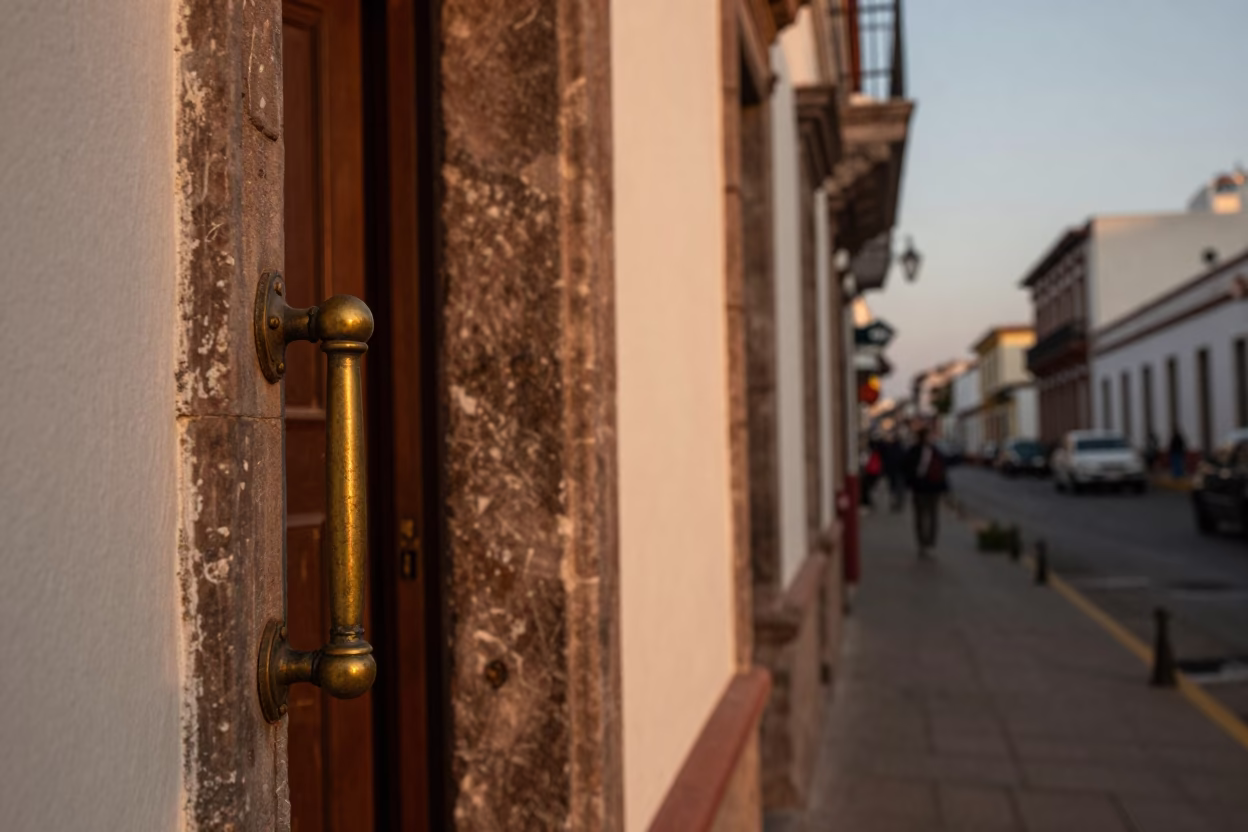 Quito Ecuador Evening Street Scene with Door Handle and City Lights in in Quito, Ecuador