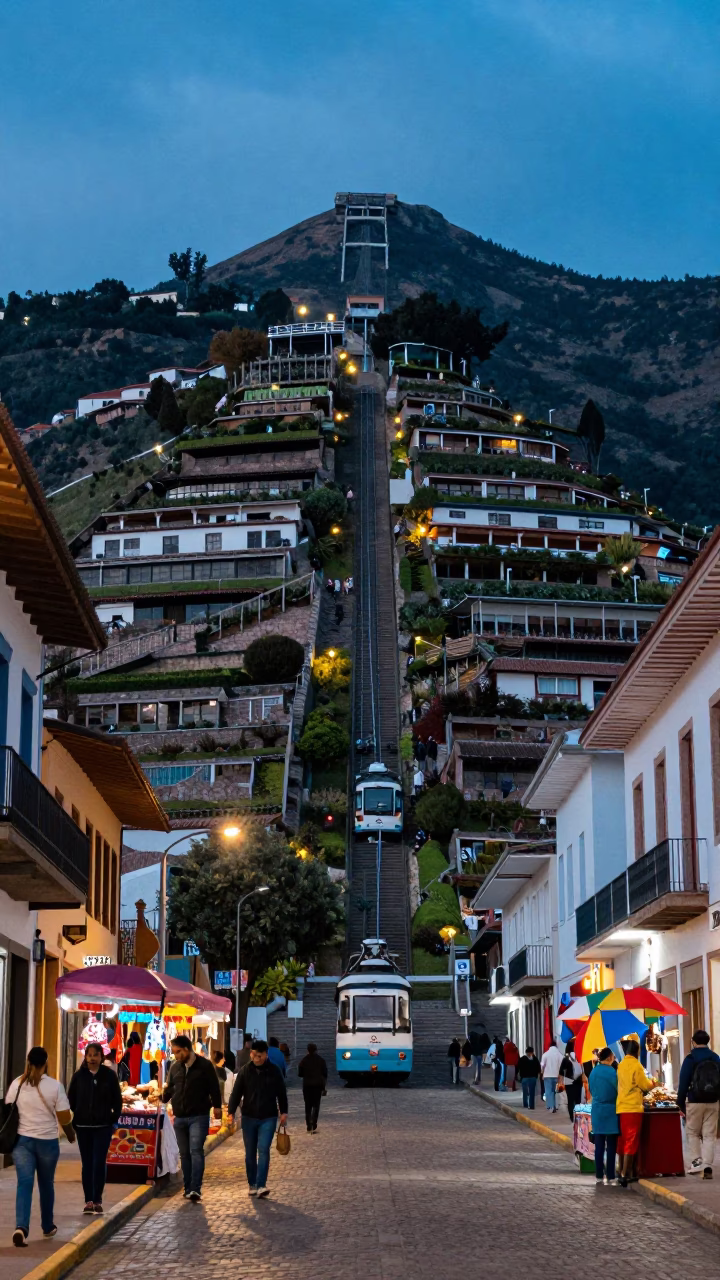 Quito Ecuador evening street scene with funicular and local vendors under twilight in in Quito, Ecuador