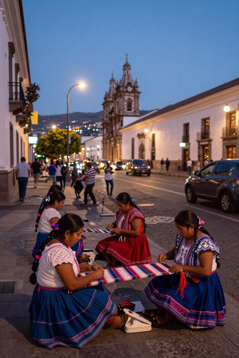 Quito Ecuador evening street scene with indigenous weaving and city lights in in Quito, Ecuador