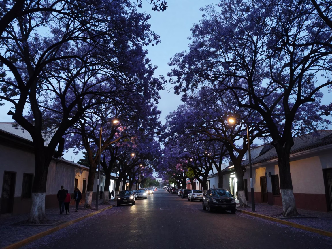 Quito Ecuador evening street scene with jacaranda trees and city lights in in Quito, Ecuador