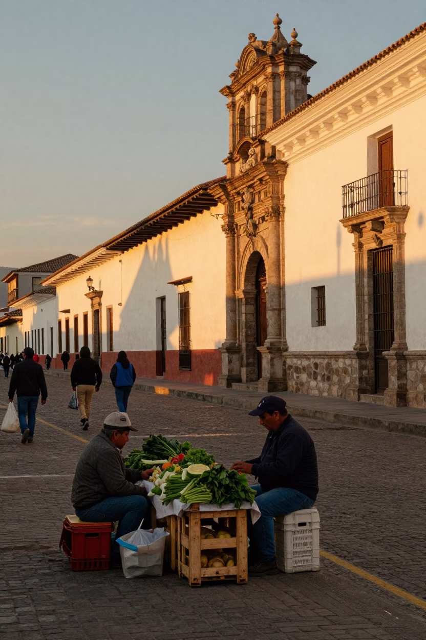 Quito Ecuador Evening Street Scene with Local Vendors and Traditional Elements in in Quito, Ecuador
