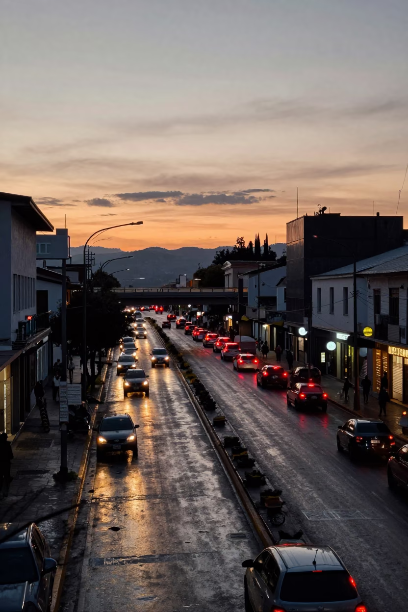 Quito Ecuador Evening Street Scene with Overpass Taillights and Urban Life in in Quito, Ecuador