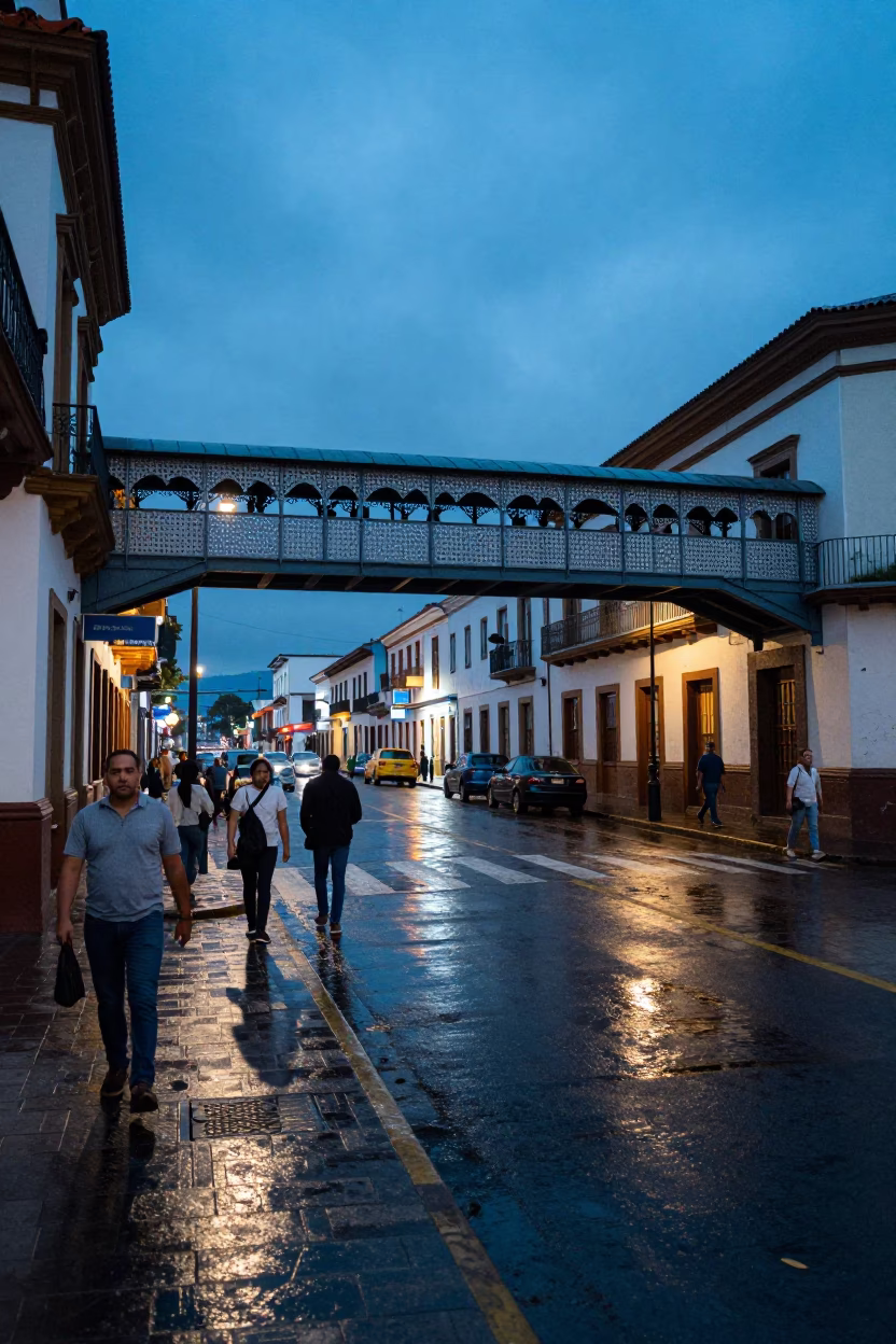 Quito Ecuador Evening Street Scene with Pedestrian Overpass and Arepas Vendor in in Quito, Ecuador