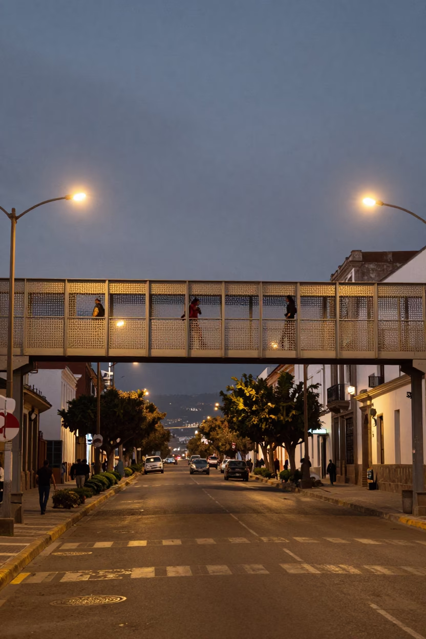 Quito Ecuador Evening Street Scene with Perforated Metal Overpass and Red Camellia Blooms in in Quito, Ecuador
