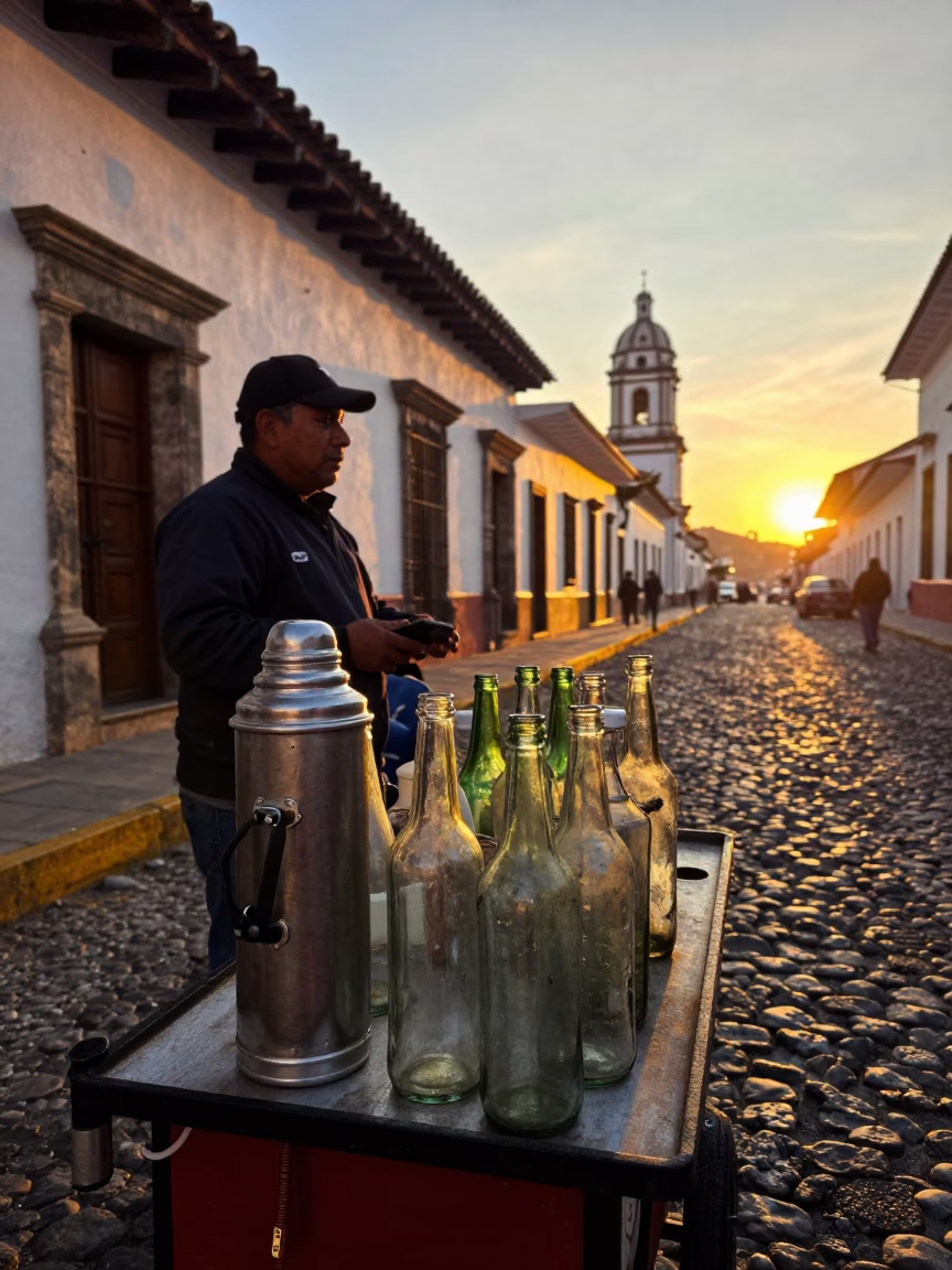 Quito Ecuador Evening Street Scene with Thermos and Glass Bottles in in Quito, Ecuador