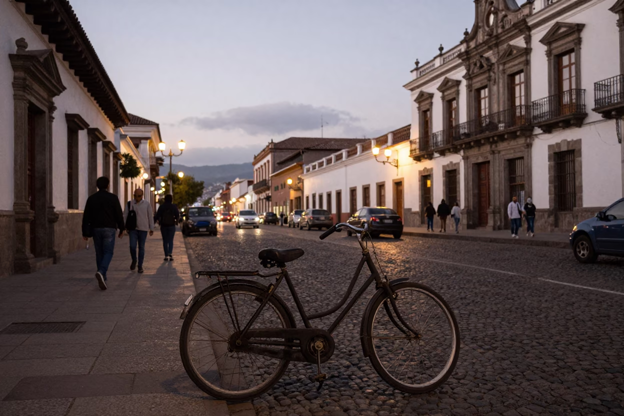 Quito Ecuador Evening Street Scene with Vintage Bicycle and Cobblestone Plaza in in Quito, Ecuador