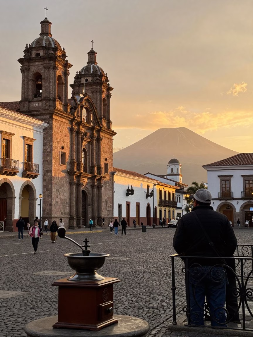 Quito Ecuador Evening Street Scene with Vintage Coffee Grinder and Local Cafe Activity in in Quito, Ecuador