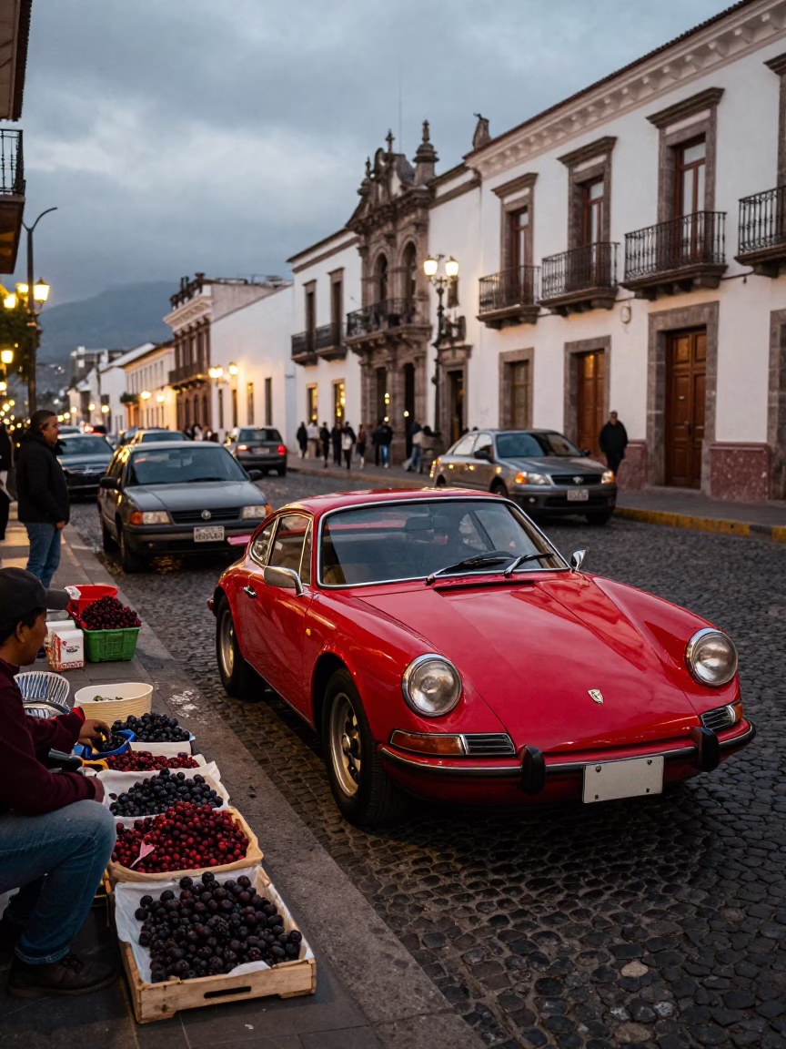 Quito Ecuador Evening Street Scene with Vintage Red Sports Car and Local Market Activity in in Quito, Ecuador