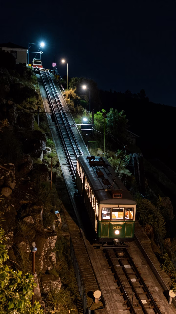 Quito Ecuador Funicular Railway Climbing Steep Hillside Under Deep Night Sky in in Quito, Ecuador