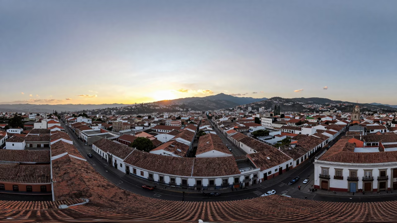 Quito Ecuador Golden Hour Panorama With Colonial Architecture And Distant Mountain Peaks in in Quito, Ecuador