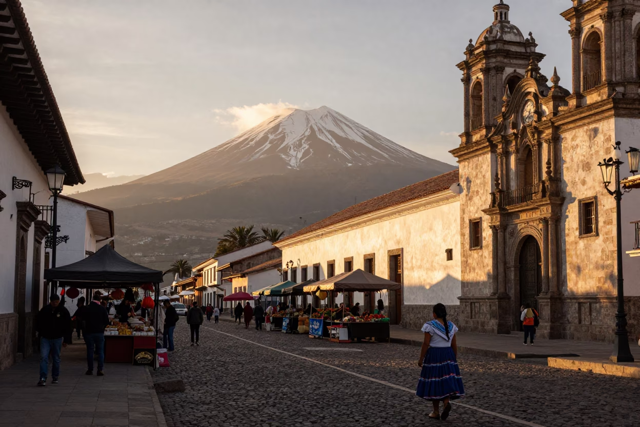 Quito Ecuador Golden Hour Street Scene with Andes Mountains and Local Market Activity in in Quito, Ecuador