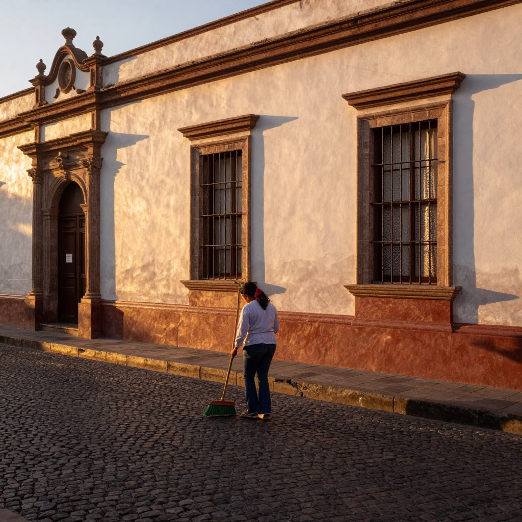 Quito Ecuador Golden Hour Street Scene with Broom and Window Curtains in in Quito, Ecuador