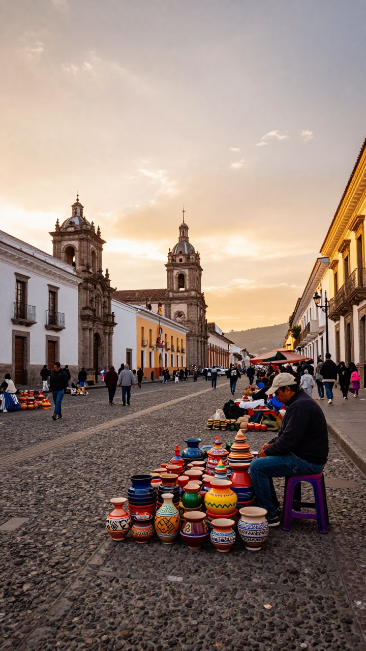 Quito Ecuador Golden Hour Street Scene with Colorful Pottery and Local Market Activity in in Quito, Ecuador