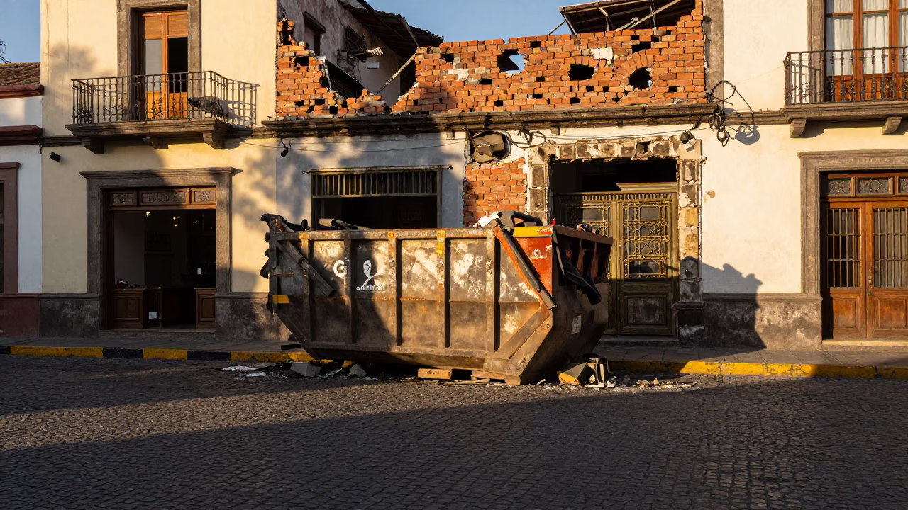 Quito Ecuador Golden Hour Street Scene with Demolition Dumpster and Local Activity in in Quito, Ecuador