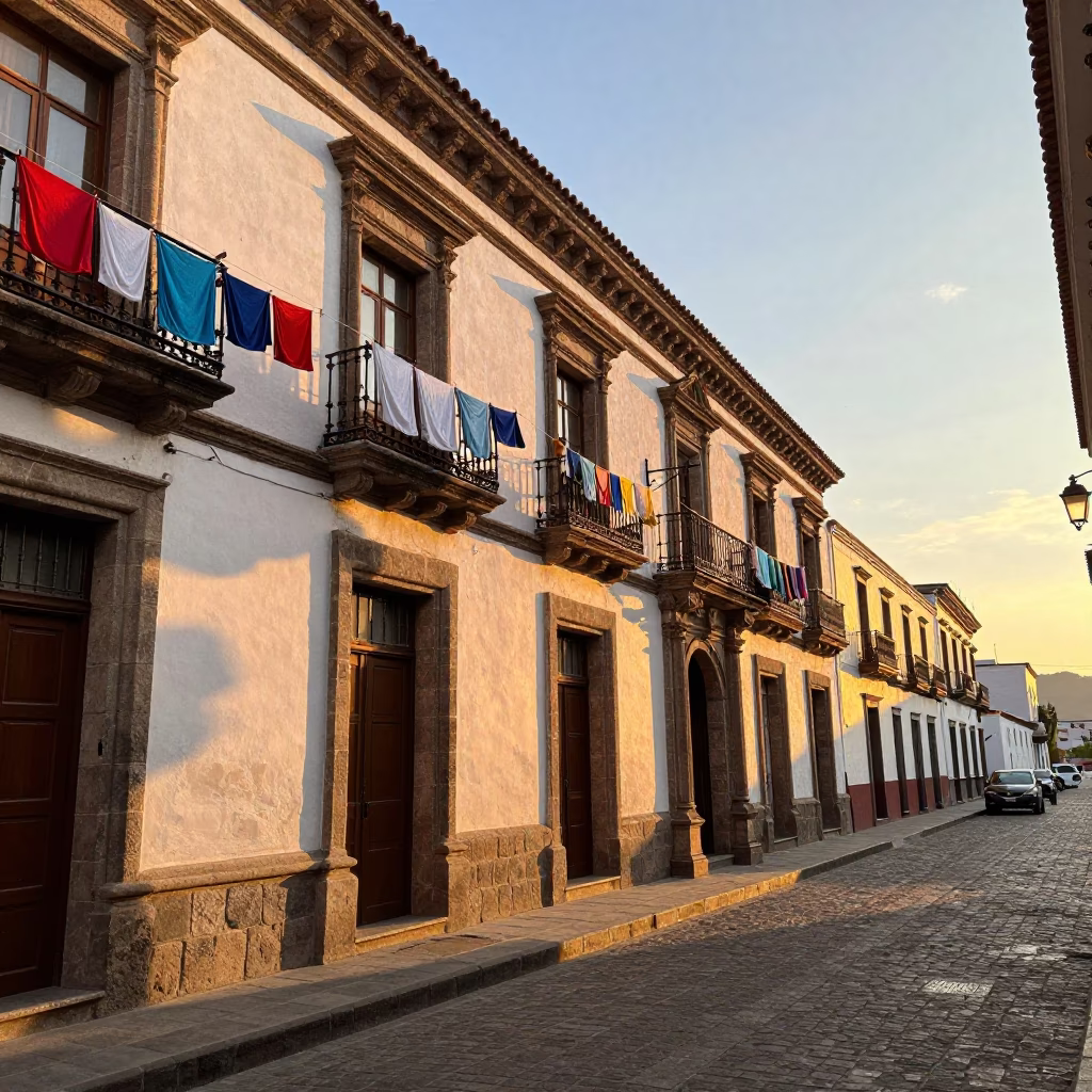 Quito Ecuador Golden Hour Street Scene with Drying Towels and Local Life in in Quito, Ecuador