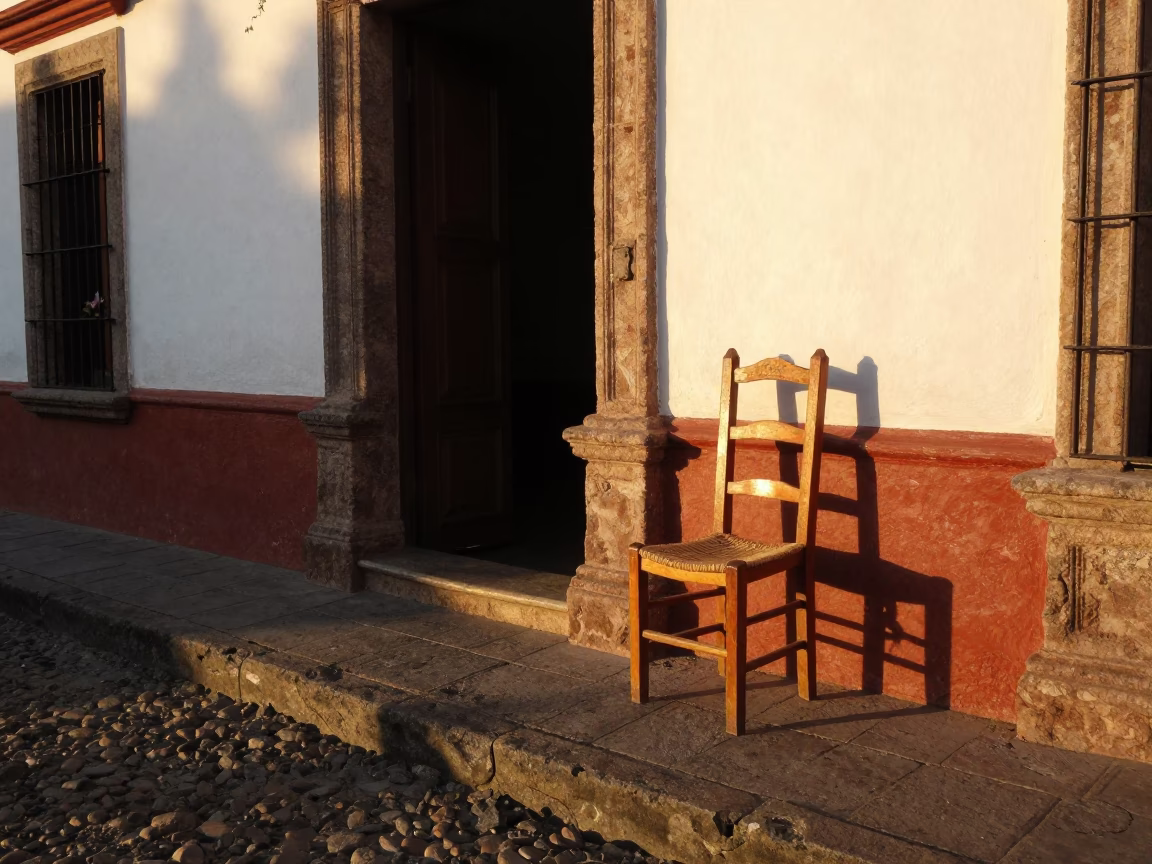 Quito Ecuador Golden Hour Street Scene with Ladder-Back Chair and Tropical Orchid in in Quito, Ecuador