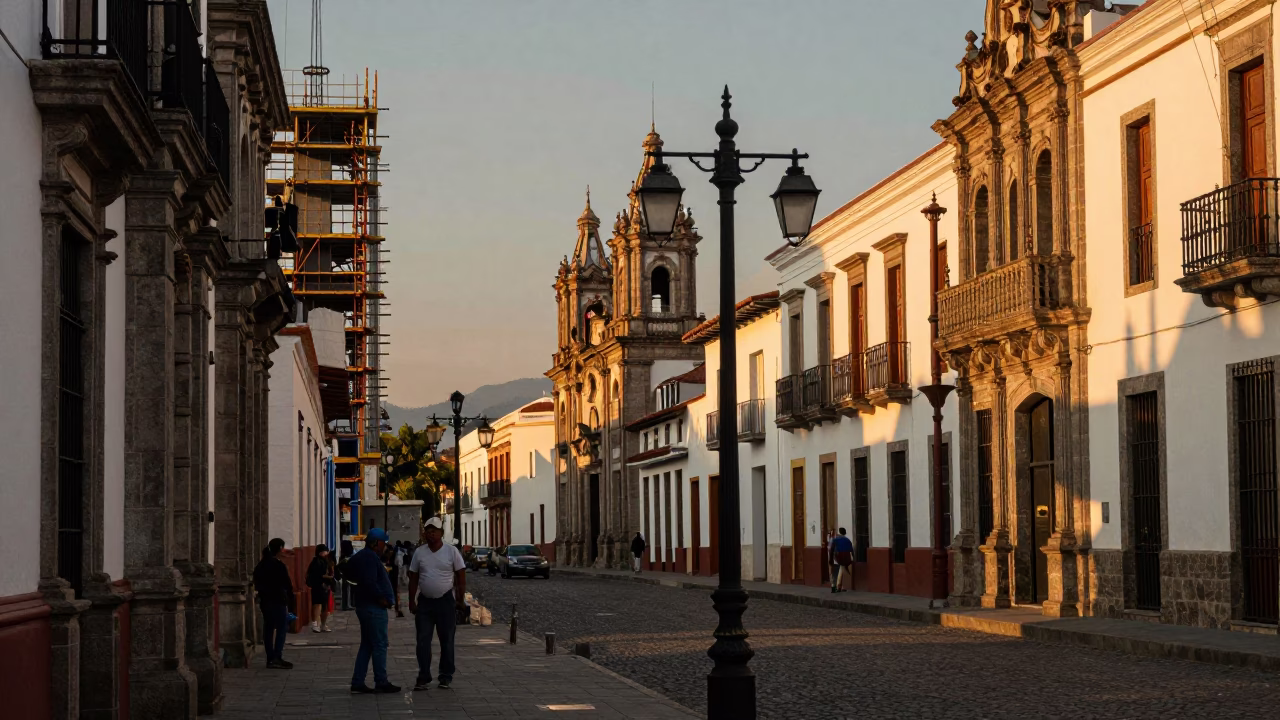 Quito Ecuador Golden Hour Street Scene with Lantern and Construction Elevator Gate in in Quito, Ecuador