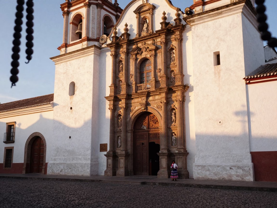Quito Ecuador Golden Hour Street Scene with Prayer Beads and Colonial Architecture in in Quito, Ecuador
