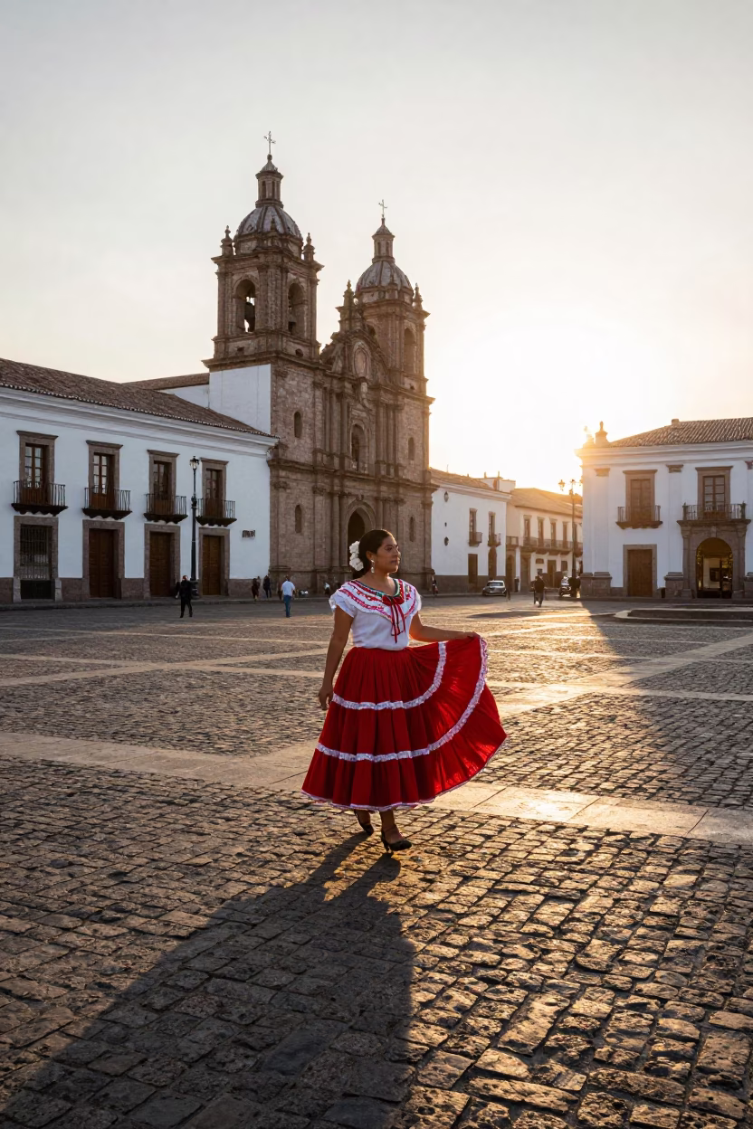 Quito Ecuador Golden Hour Street Scene With Traditional Dress And Cobblestone Plaza in in Quito, Ecuador