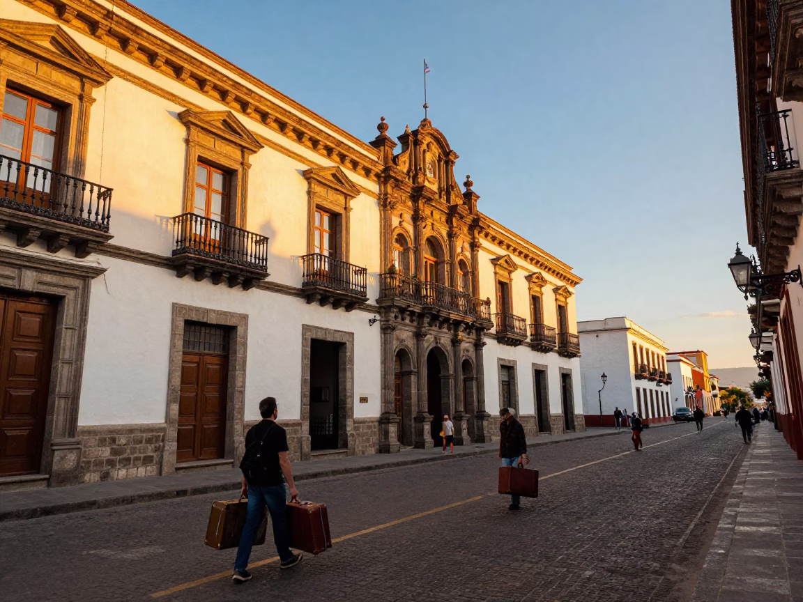 Quito Ecuador Golden Hour Street Scene with Travelers and Vintage Suitcases in in Quito, Ecuador