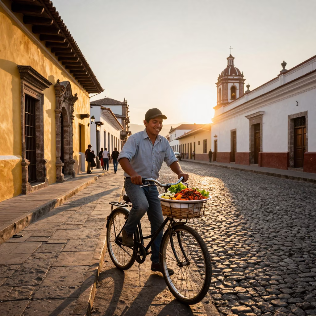 Quito Ecuador Golden Hour Street Scene with Vintage Bicycle and Spicy Lomo Saltado Plate in in Quito, Ecuador