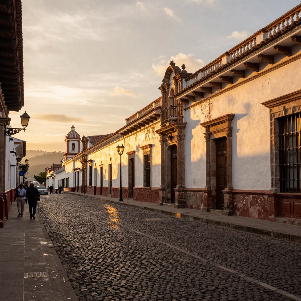 Quito Ecuador Golden Hour Street Scene with Vintage Details and Local Life in in Quito, Ecuador